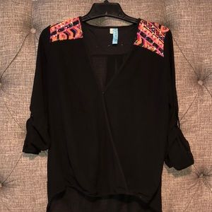 Sheer Black Wrap Blouse with Shoulder Detail